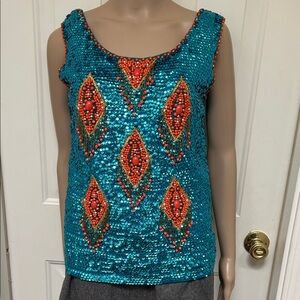 Vintage 1960’s Turquoise Blue & Orange Sequins Beaded Sleeveless Wool Sweater